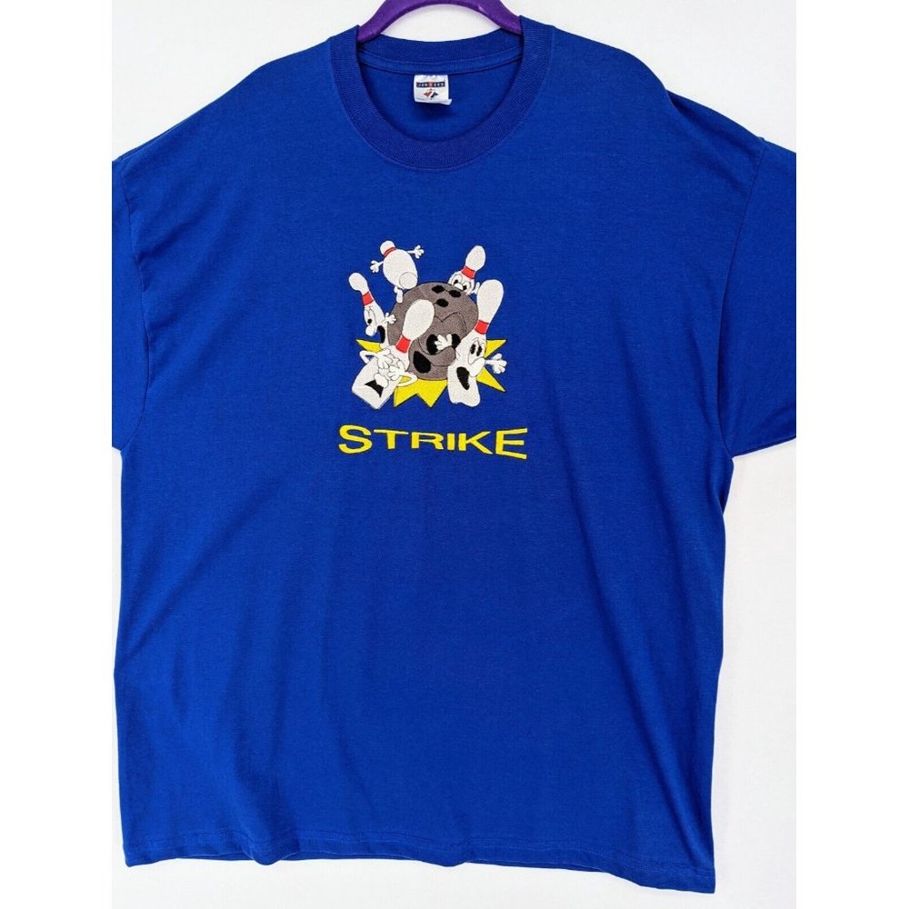 Vintage Bowling men T-Shirt STRIKE Blue 2x Bowling Pins Embroidered Quirky Novel